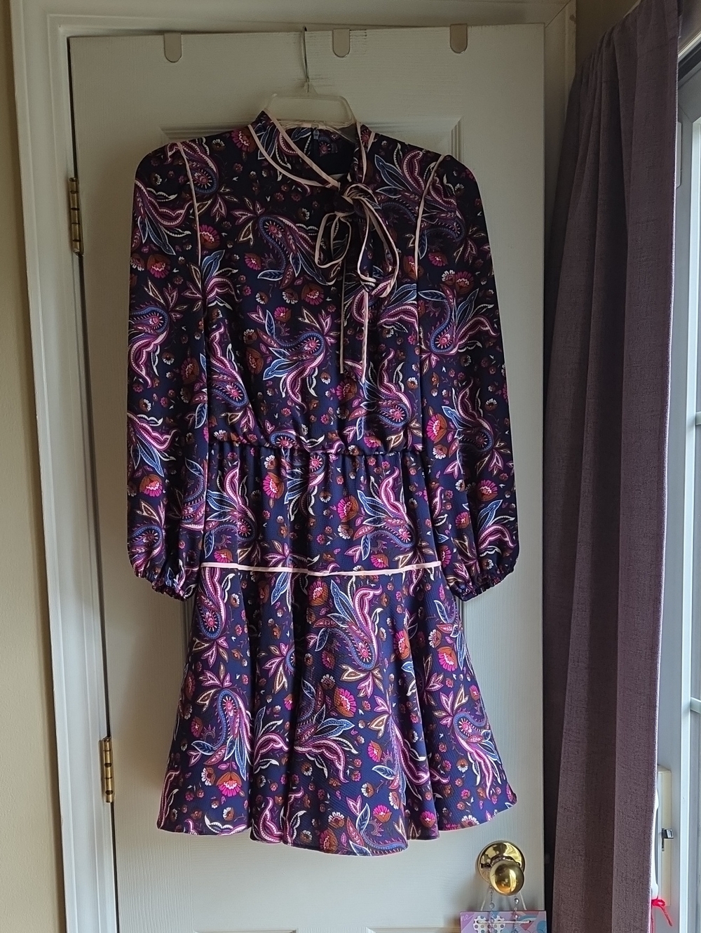 Eliza J Navy Paisley Long-Sleeve Tie-Neck Dress with Pink Accents